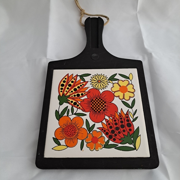 Vintage Floral Ceramic and Wood Trivet - Picture 1 of 7